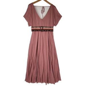 VTG Sweetees Pink V-Neck Short Sleeve Midi Dress Embroidered Belt Boho Medium